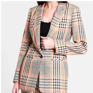 Grey Lab Los Angeles Womens Orange Black Plaid Single Button Blazer Jacket S M